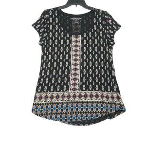 Lucky Brand Boho Top Women's M Geometric Aztec Print Short Sleeve Curved Hem